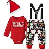 WIQI My First Christmas Baby Boy Outfit Long Sleeve Baby Romper Santa Pattern Suspender Pants Xmas Hat 3PCS Clothing Sets