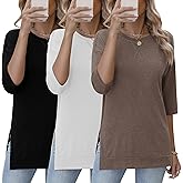 Huukeay 3 Pack 3/4 Length Sleeve Women's Tops Side Slit Tunic Loose Fit Round Neck Tee Shirt Ladies Casual Basic Fall Clothes