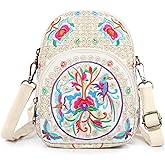 Embroidery Flowers Canvas Crossbody Bag, Women Messenger Bag, Cellphone Pouch Purse