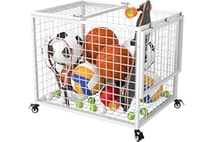 rehomerance Ball Cart Garage Sports Equipment Basketball Organizer with Lockable Lid, Basketball Storage Bin for Indoor Outdoor, Rolling Exercise Ball Holder for Gym, School, Club