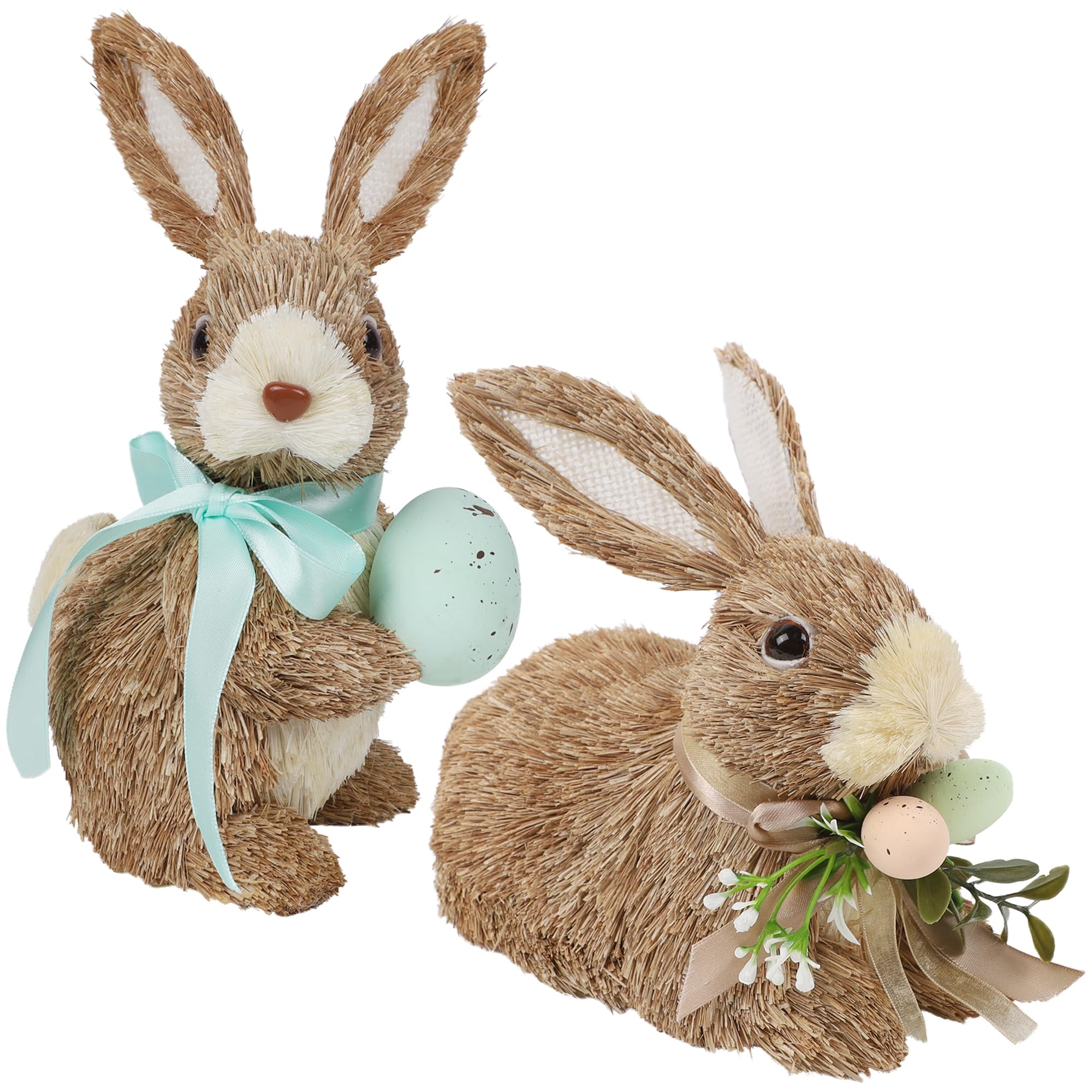 DR.DUDU Set of 2 Easter Decorations Bunny Figurines with Eggs, Spring Straw Rabbit Tabletop Decor, Rustic Sisal Bunny Statues Springtime Decor for Home Table Office Kitchen Farmhouse