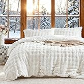 Tokokimo Faux Fur Comforter Set King Size, Ultra Soft Reversible Heavyweight Fluffy Bedding, Extra Warm Winter Comforter with 2 Pillow Cases, All Season Fuzzy Comforter Set, White