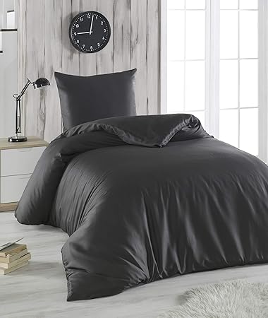 Melunda 2 TLG. Mako Satin Bettwäsche Set | Bettdeckenbezug 155x220 cm, mit Kopfkissenbezug 80x80 cm | Anthrazit | 2 teilig Be