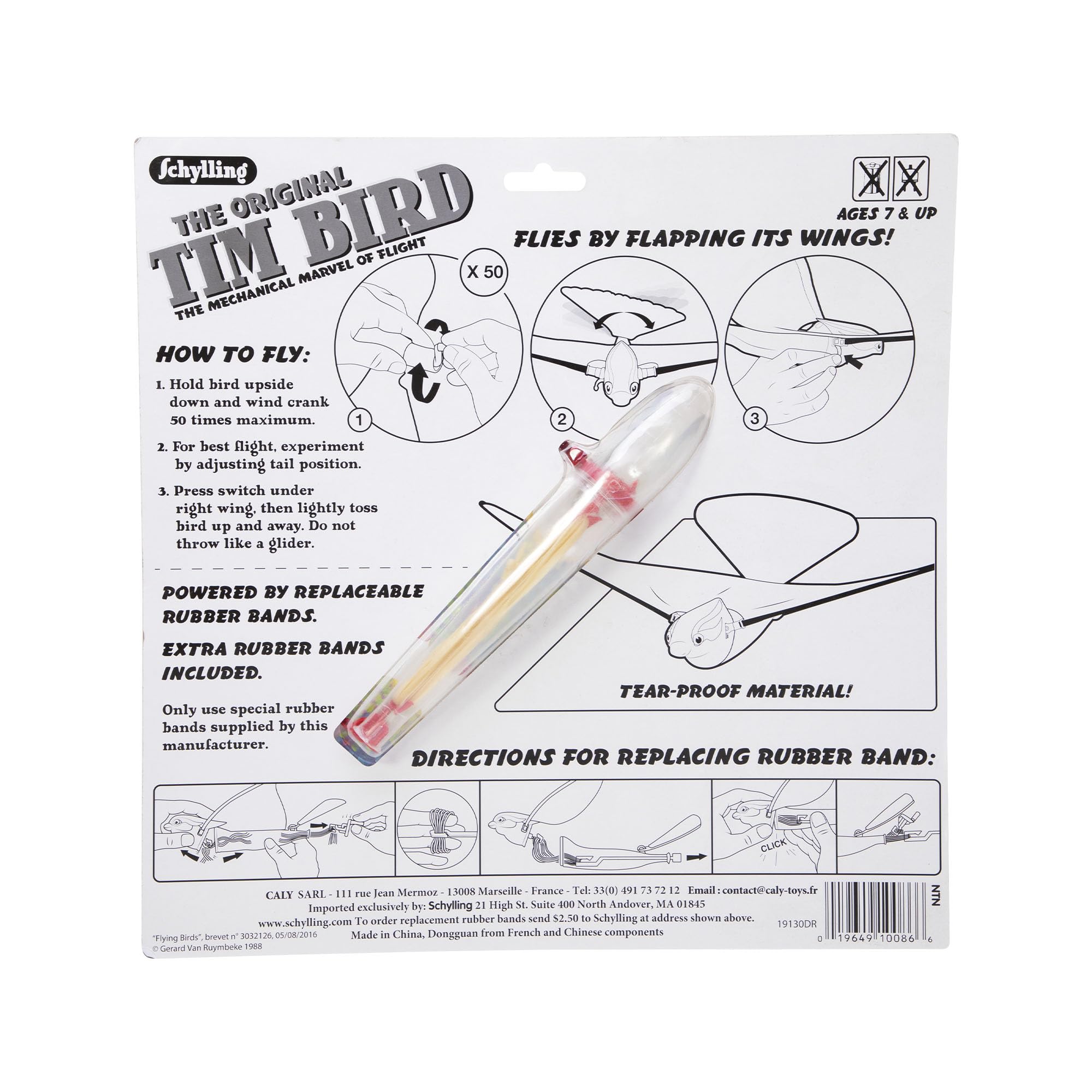 Schylling Tim Bird Flying Toy - Rubberband-Powered Mechanical Bird that Really Flies - Wings Flap and Flies 50 Feet - Ages 7 and Up
