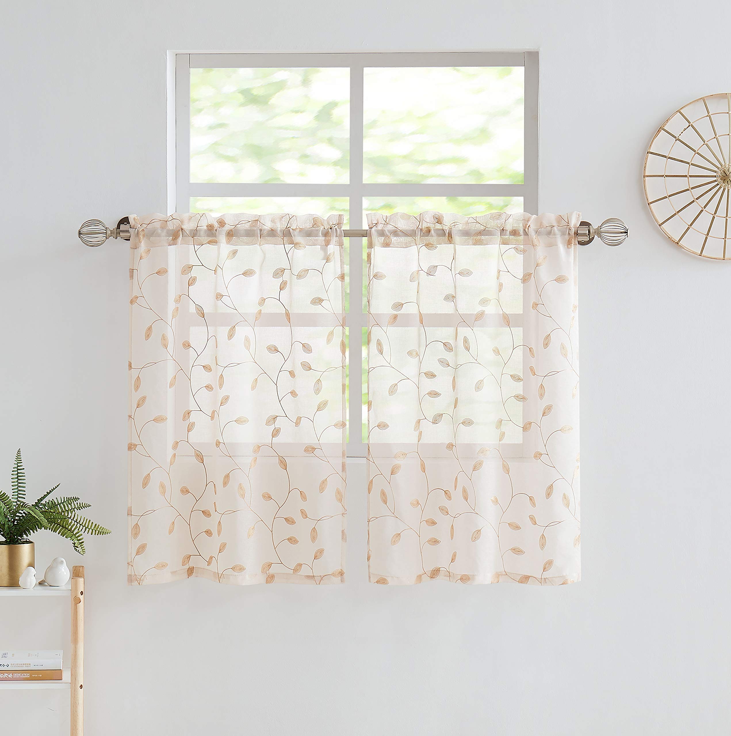 Fragrantex Embroidered Leaf Sheer Kitchen Curtains for Windows 36 inch Length Champagne Linen Floral Leaves Curtain for Cafe Small Window Bathroom 2 Panels Rod Pocket,28" Wx36 L