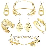 HAIAISO 6 Pcs Greek Goddess Costume Accessories Set for Women Golden Laurel Leaf Crown Headband Leaf Dangle Earring Coil Upper Armband Bracelet Toga Costume Jewelry