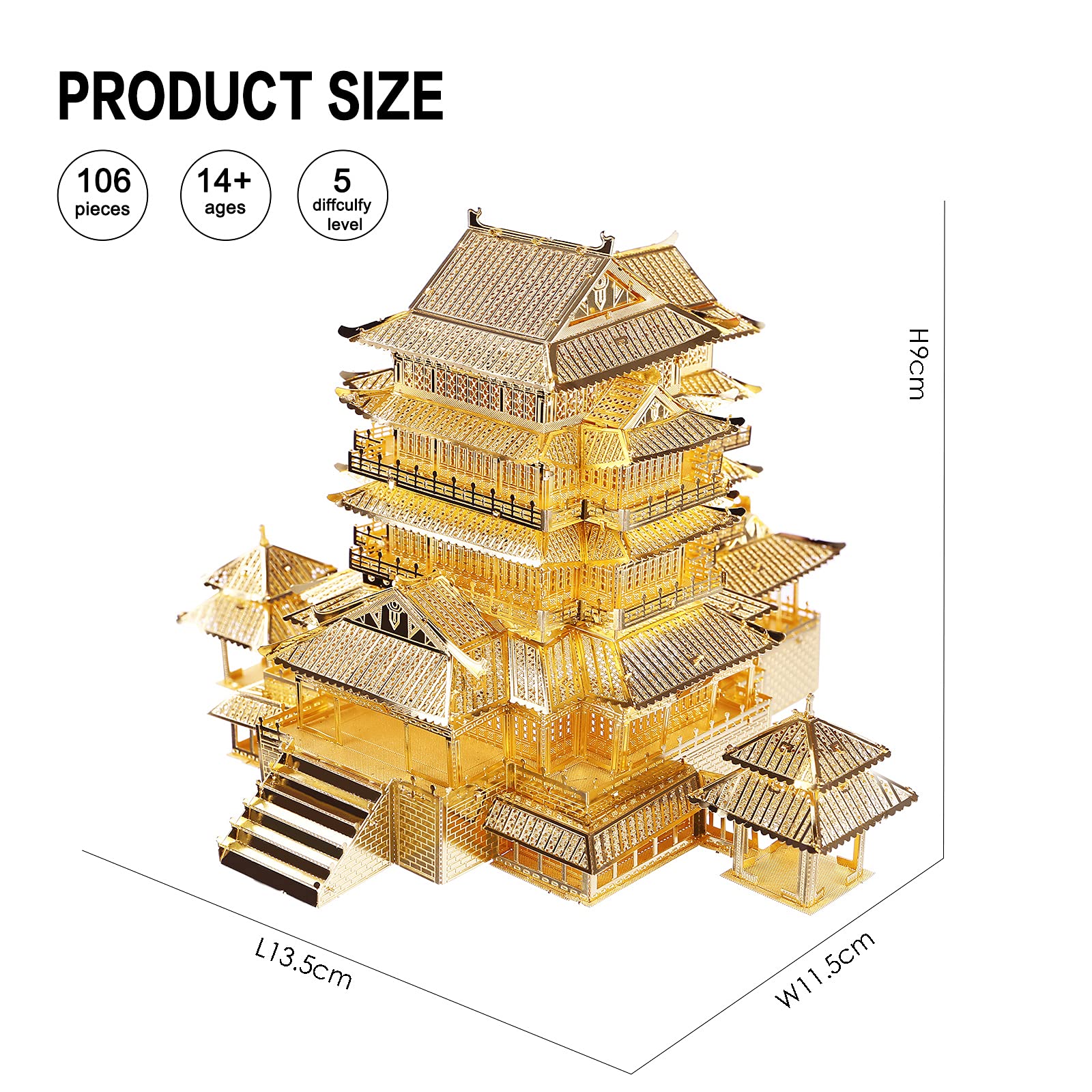 Piececool 3D Metal Puzzle for Adults, Tengwang Pavilion Metal Model Kit, Chinese Famous Architecture Building Kit DIY Craft Brain Teaser 3D Puzzles STEM Gifts for Family- 106 Pcs
