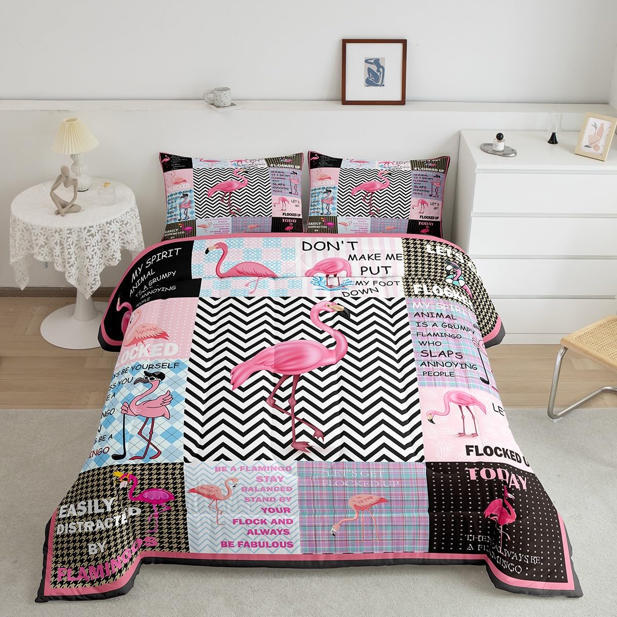 Homemissing Flamingo Bedding Set Double Pink Flamingo Comforter Set Tropical Birds Down Comforter for Kids Toddler Geometric Check Plaid Duvet Insert/Quilt Set Breathable Bed Set 3Pcs