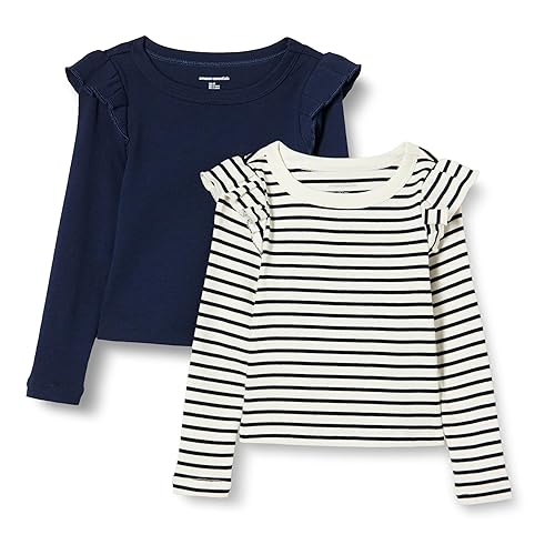 Amazon Essentials Girls' Long Sleeve Ruffle T-Shirt, Pack of 2, Navy/French Stripe, Small