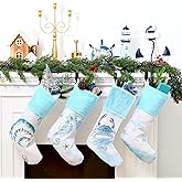 Soulchen 4 Pcs Coastal Christmas Stockings 20 Inches Nautical Christmas Stocking Shell Starfish Crab Seahorse Beach Ocean Xmas Tree Ornaments Blue and White Hanging Sock Decorations for Holiday Party