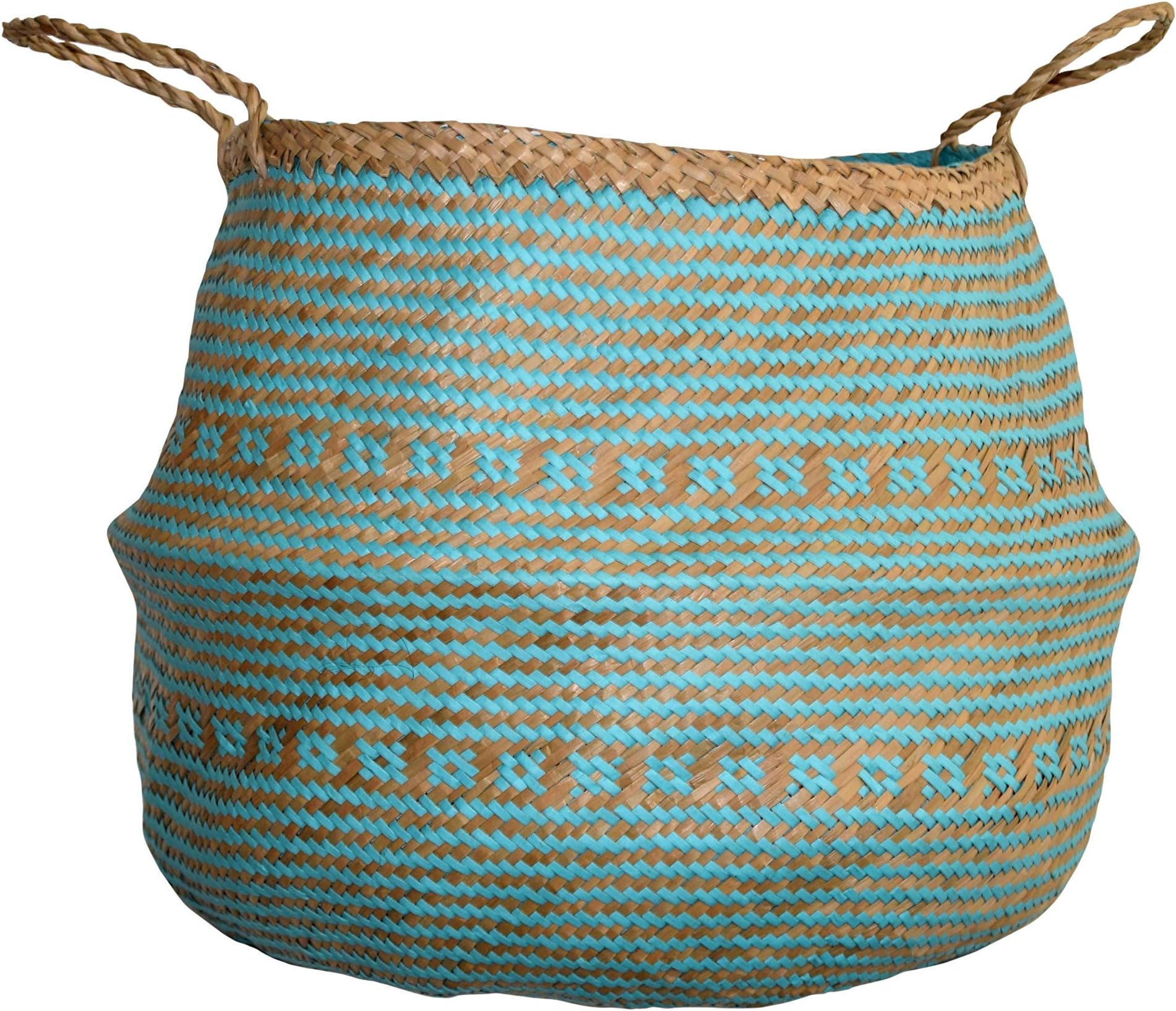 dufmod CrissCross Aquamarine Large Natural and Plush Woven Seagrass Tote Belly Basket for Storage, Laundry, Picnic, Plant Pot Cover, and Beach Bag (Plush Criss-Cross Seagrass Aquamarine, Large)