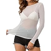 KTILG Womens Lace Long Sleeve Boat Neck Tops Sheer Blouse Sexy See Through Shirt Mesh Top S-XXL