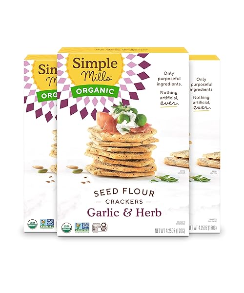 SIMPLE MILLS ORGANIC SEED CRACKERS, GARLIC & HERB – GLUTEN FREE, VEGAN, HEALTHY SNACKS, PALEO FRIENDLY, 4.25 OUNCE (PACK OF 3)