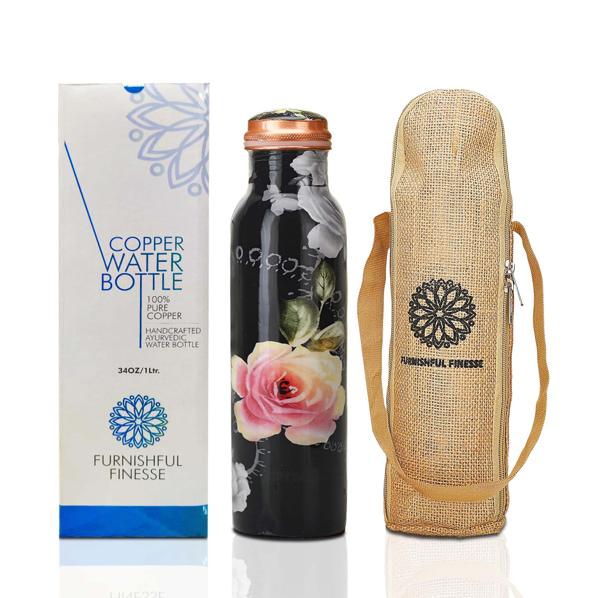 FURNISHFUL FINESSE Pure Copper Water Bottle 34 oz Handmade Ayurvedic Health Benefits Leak Proof Easy to Carry for Sport Fitness Yoga - Natural Copper Water Bottle, CPB106-950ML