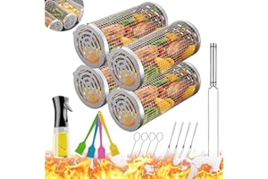 Wrakus Rolling Grilling Baskets for Outdoor - Grill Grate Charcoal Round BBQ Stainless Steel Basket Campfire Grid Camping Picnic Cookware (4L)
