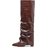 SaraIris Women's Slouchy Knee High Boots - Black, Pointed Toe, Fold Over, Chunky, Shark Boots