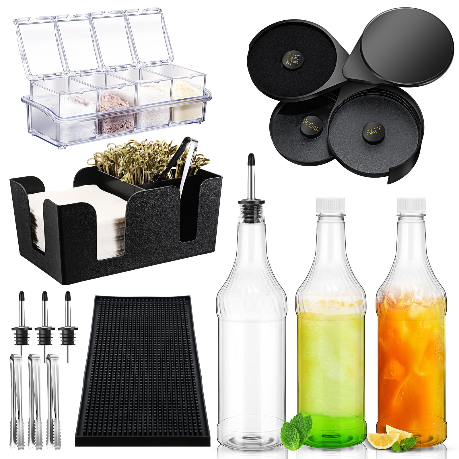 Photo 1 of ***(USED/ UNKNOWN IF MISSING PARTS)***Dandat 15 Pcs Bar Caddy Accessories 32 oz Plastic Long Neck Bottles with Speed Pourers Spouts Caps Bar Glass Rimmer Tray Plastic Bar Caddy Organizer Accessories Store and Pour Organizer for Bar