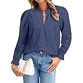 Simplee Womens Casual Tops Blouse 2025 Eyelet Embroidered Puff Long Sleeve Fall Top Dressy Lace Button Shirts