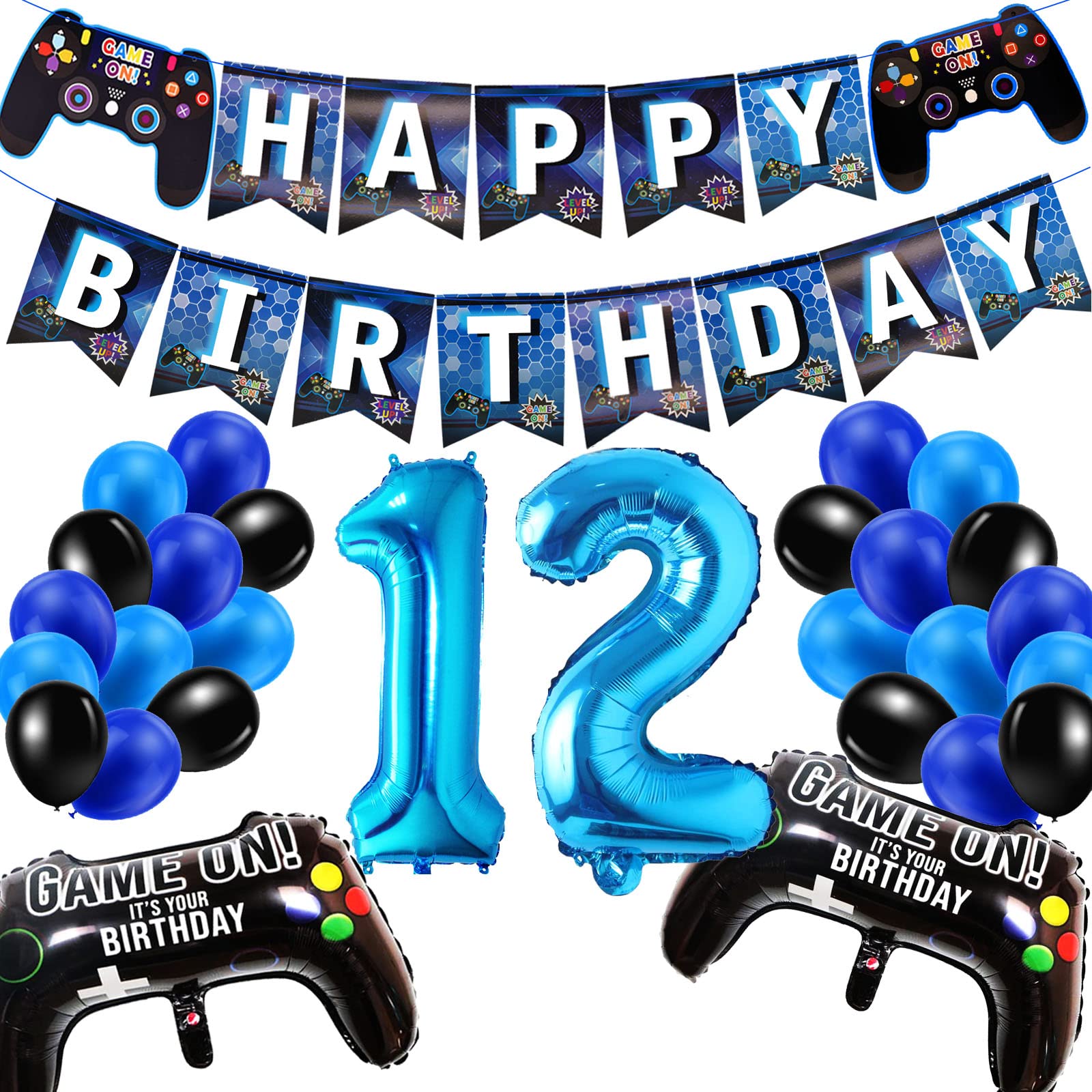 SUHANIOP 12th Birthday Decorations for Boys, Gaming Party Decorations Set for Gamers, Happy Birthday Banner Game Controller Balloons Black Blue Balloons for Kids Party Supplies