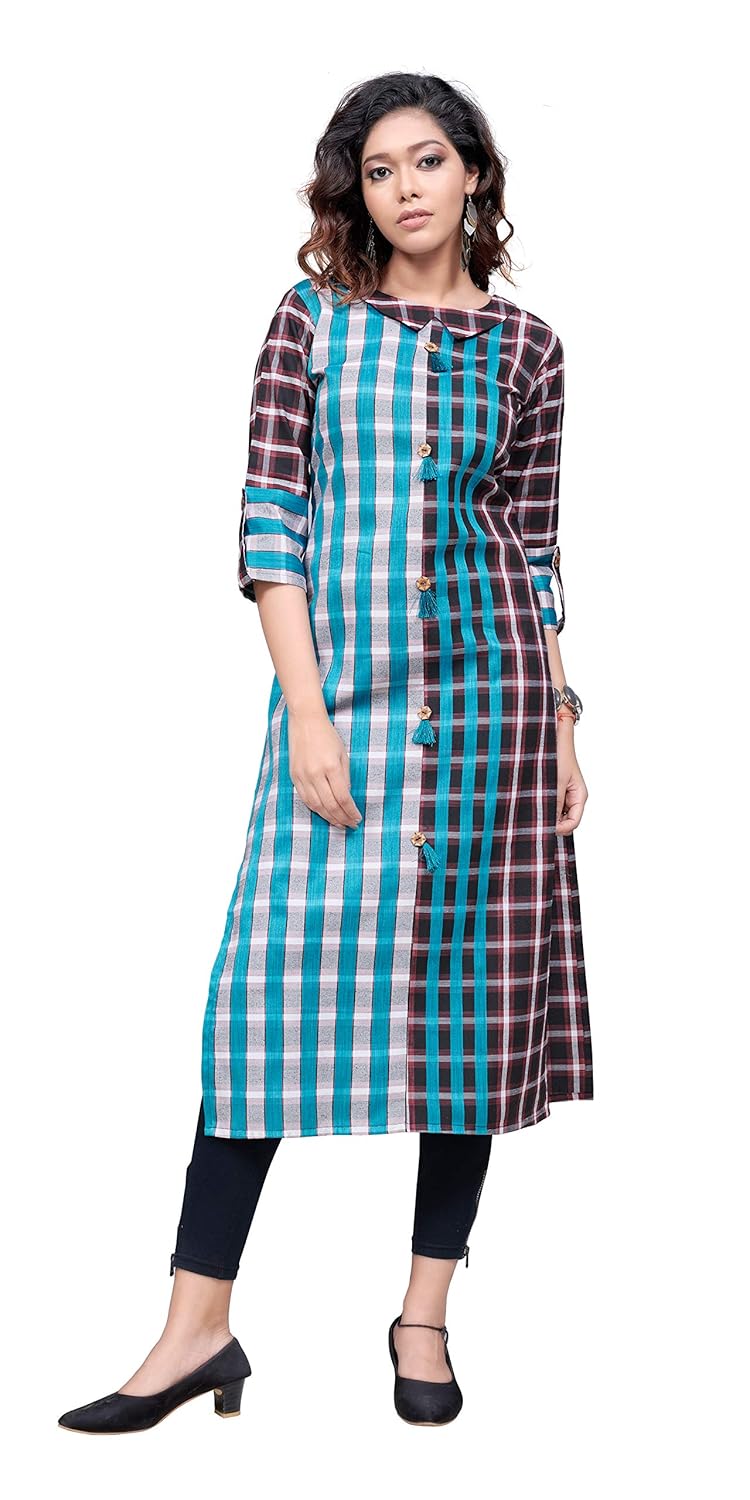 Buy Avyaan Fashion Peter Pan Collar Black Blue Check Kurti M Buy Avyaan Fashion Peter Pan Collar Black Blue Check Kurti M