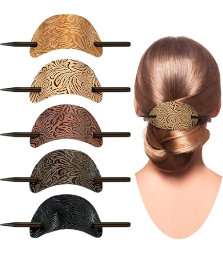 Amazon.com : Leather With Wood Slide Stick Oval Hair Pin  display picture 3
