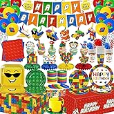224Pcs Building Block Birthday Decorations, ALL-IN-1 Serves 26 | Colorful Blocks Plates Napkins Pre-strung Happy Birthday Banner Tablecloths Balloons Hanging Swirls for Kids Birthday Party