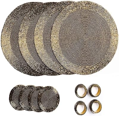 Penguin Home Handcrafted Glass Beaded Placemats Coasters Napkin Rings Set 12