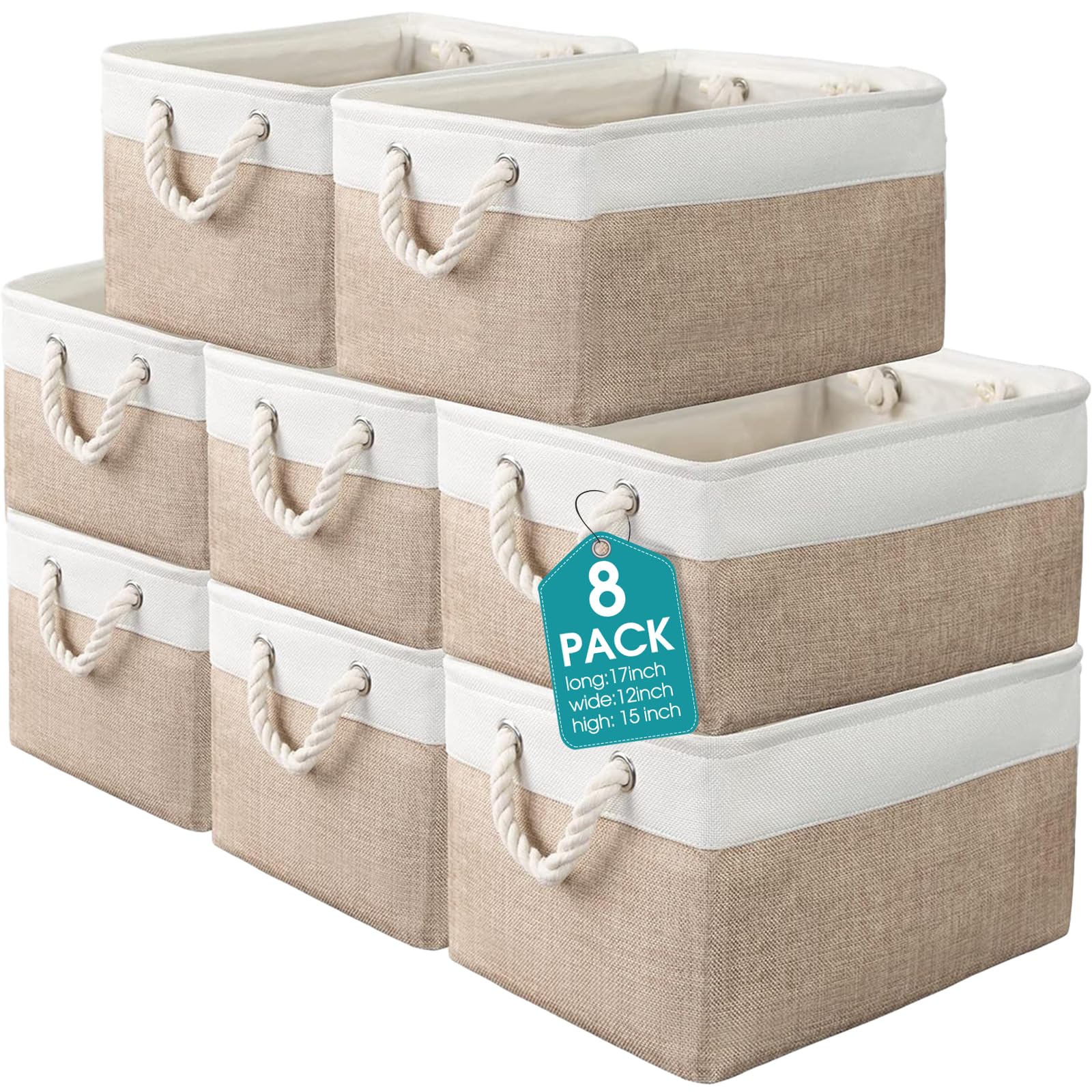 Photo 1 of meekoo 8 Pack Collapsible Storage Bins Fabric Storage Bins Polyester Fabric Baskets with Handles Linen Closet Organizer for Shelf Home Closet Towels Toys(17 x 12 x 15 in,Beige)