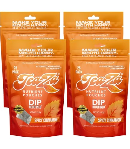 Amazon.com: TeaZA Herbal Energy Pouch Spicy Cinnamon Flavor, Nicotine Free,  Tobacco Free Pouches Smokeless Tobacco Replacement, Made with Green Tea  Energy Dip Pouches (8 Pack) : Health & Household