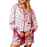 Argeousgor Christmas Pajamas for Women Bow Tie Long Sleeve Shirt Shorts Satin Silk Funny Graphic 2 Piece Pjs Set Sleepwear