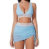 SUUKSESS Womens High Waisted Bikini Sets with Skirt Sexy Color Block Swimsuits
