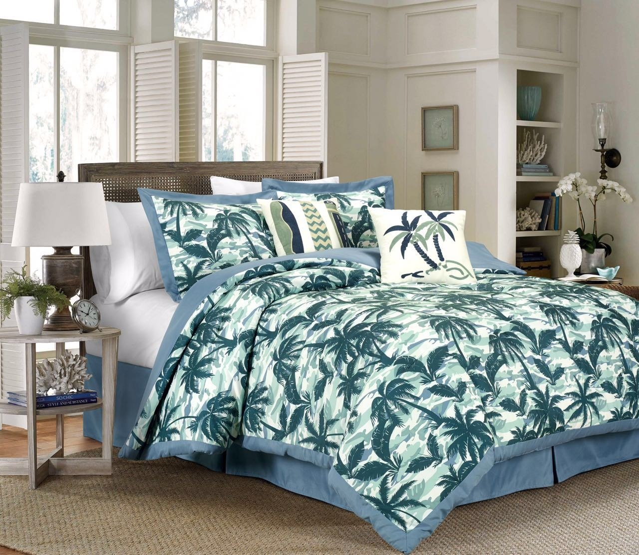 Chezmoi Collection Kona 6-Piece Tropical Palm Tree Surfboards Camouflage Bedding Comforter Set (Full, Blue)