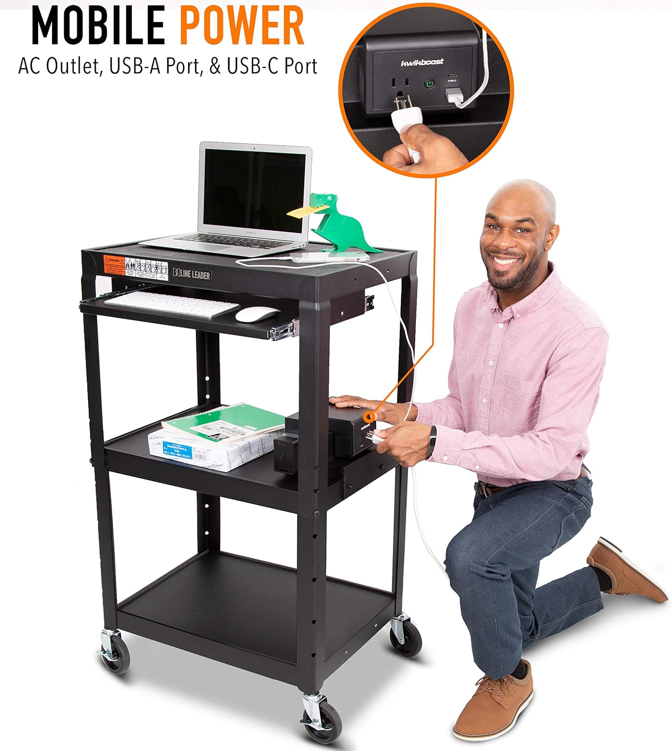 Line Leader AV Cart with EdgePower Portable Battery Charging | Height Adjustable Utility Cart with Clamp On Charging Solution | Includes Pullout Keyboard Tray & Cord Management (24 x 18) : Office Products