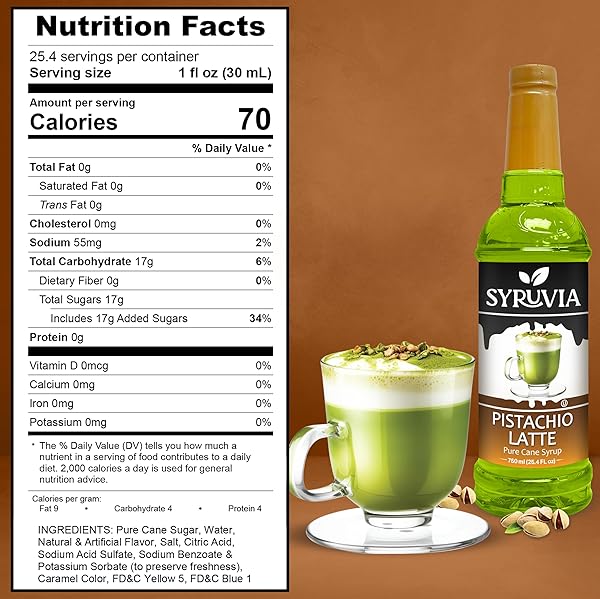 SYRUVIA COFFEE SYRUP, PISTACHIO LATTE FLAVORED SYRUP FOR DRINKS, LATTES, AND DESSERTS – 25.4 FL OZ
