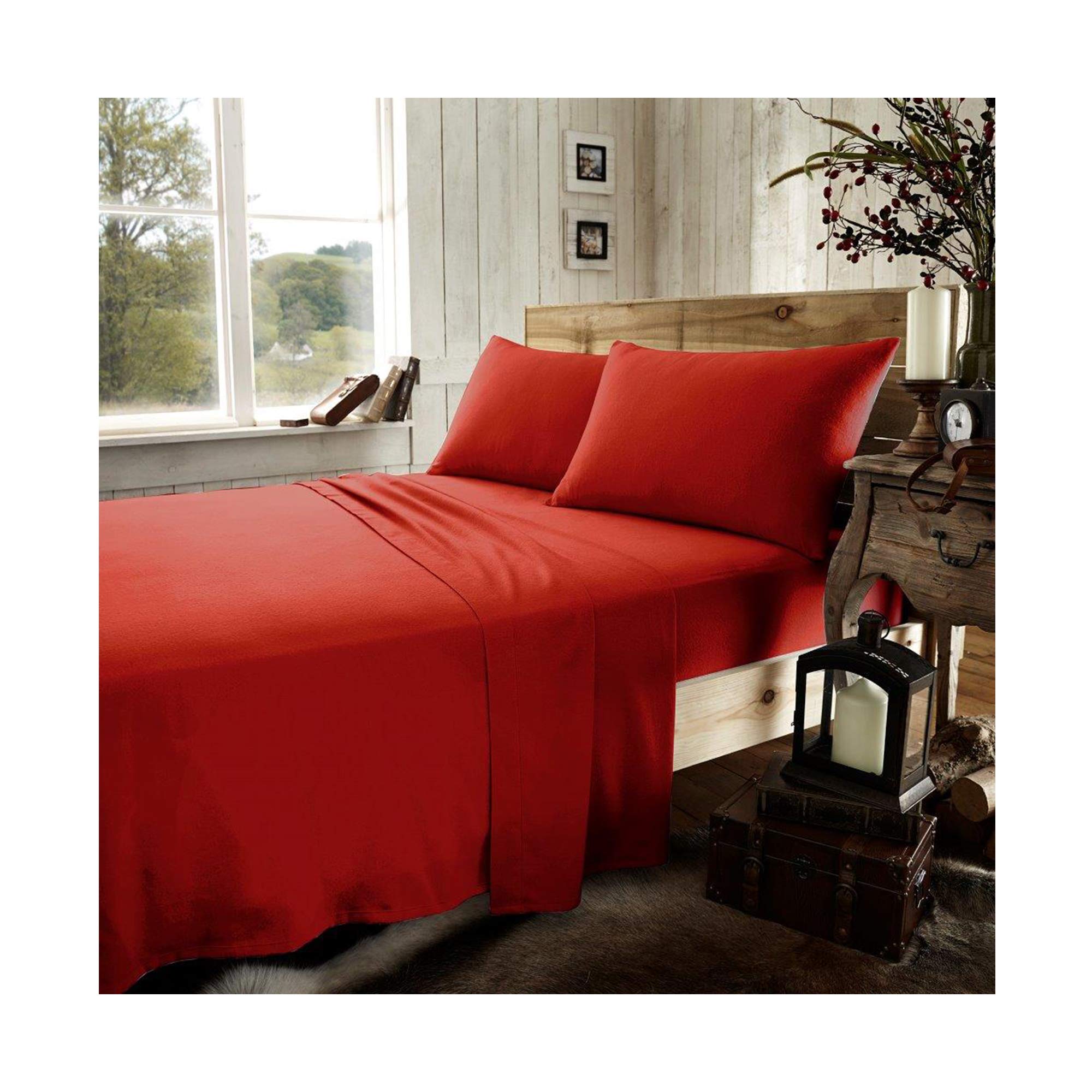 Gaveno Cavailia Luxury Brushed 100% Cotton Plain Dyed Flannel Flat Sheet, [ Single - Red ]