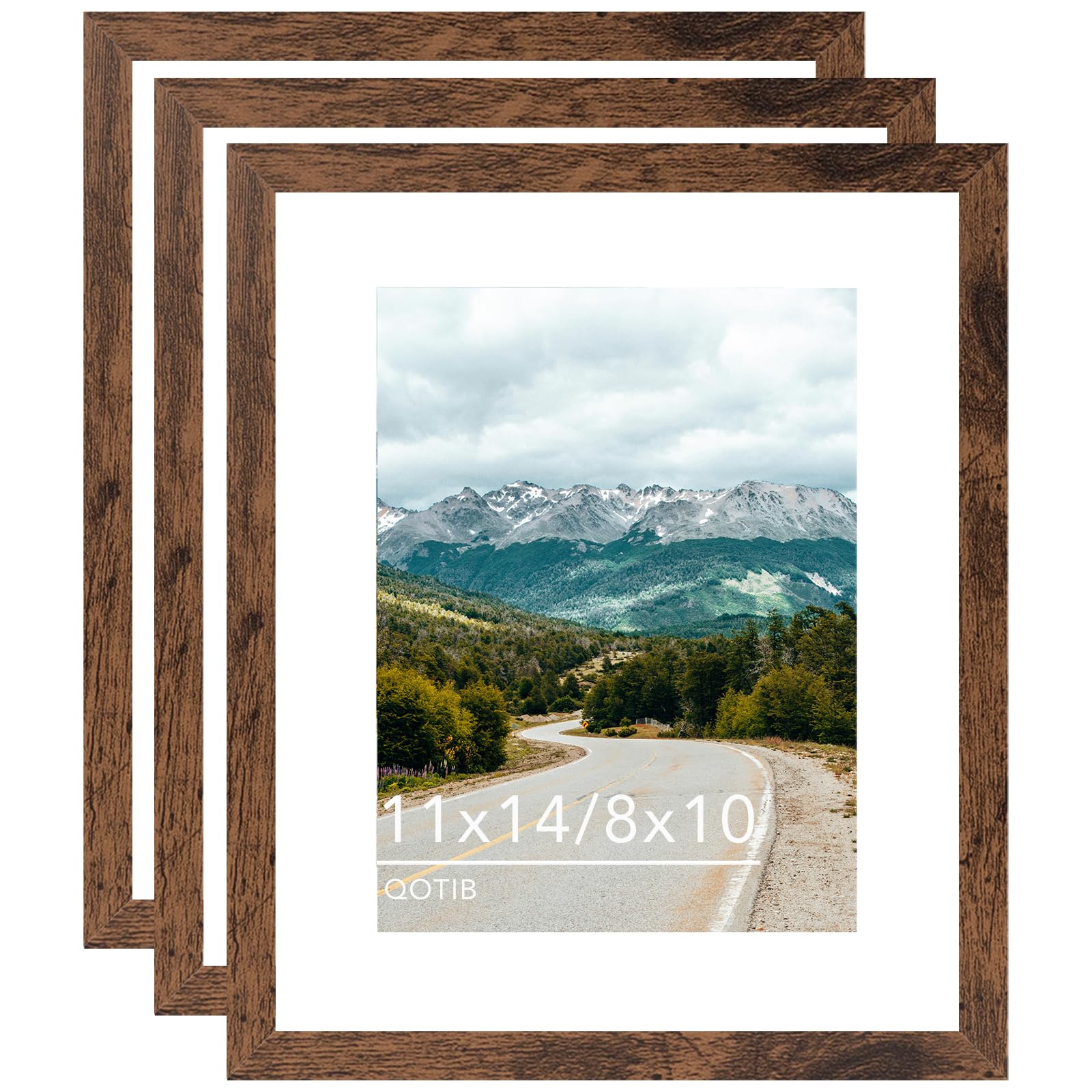 Photo 1 of **1 frame damaged**
QOTIB 11x14 Picture Frame with 8x10 Mat Deep Brown, Display 8x10 with Mat or 11x14 Without Mat, Wood 11 by 14 Photo Frame, 11 x 14 Frame for Wall Hanging Display, Deep Brown, 3 Pack