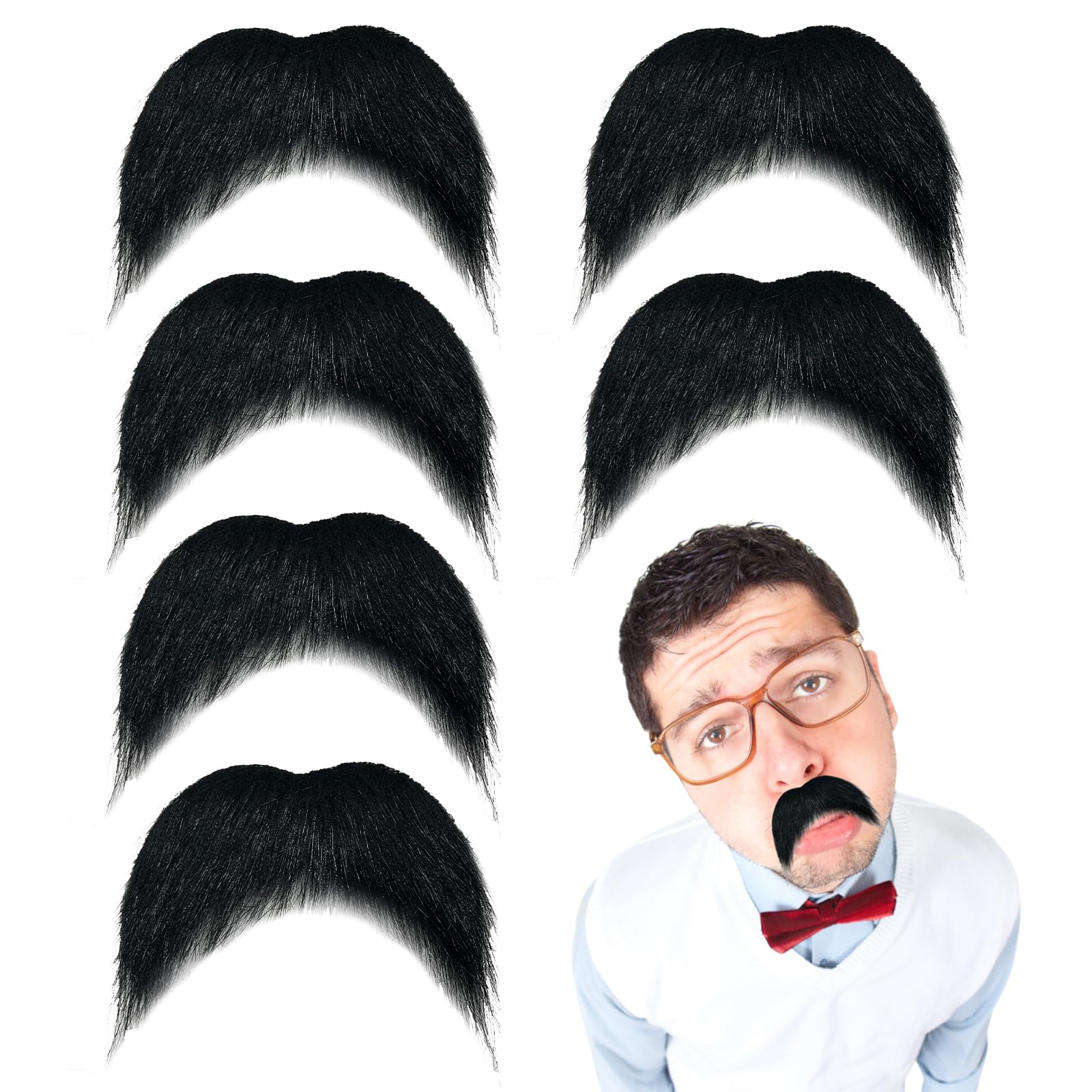 TUONYIS 6 Pcs Self Adhesive Fake Mustaches Funny Realistic Fake Beard, Novelty False Facial Hair, DIY Self Sticky Beard for Christmas Halloween Costume Cosplay Party Accessory (Black) (Black)