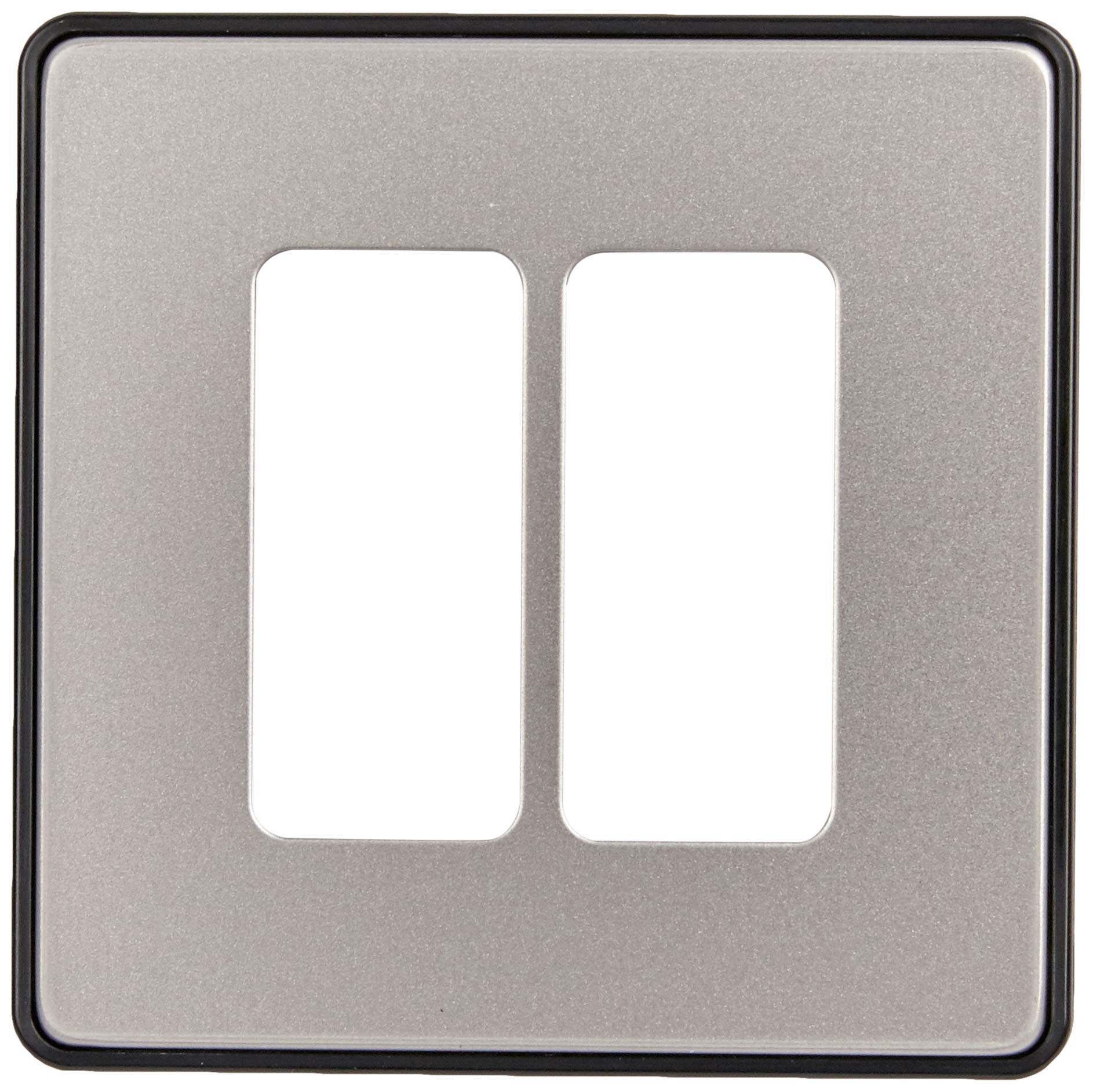 MK Dimensions 2 Gang 20A Large Rocker Switch Satin Steel Finish Frontplate with a Black Trim