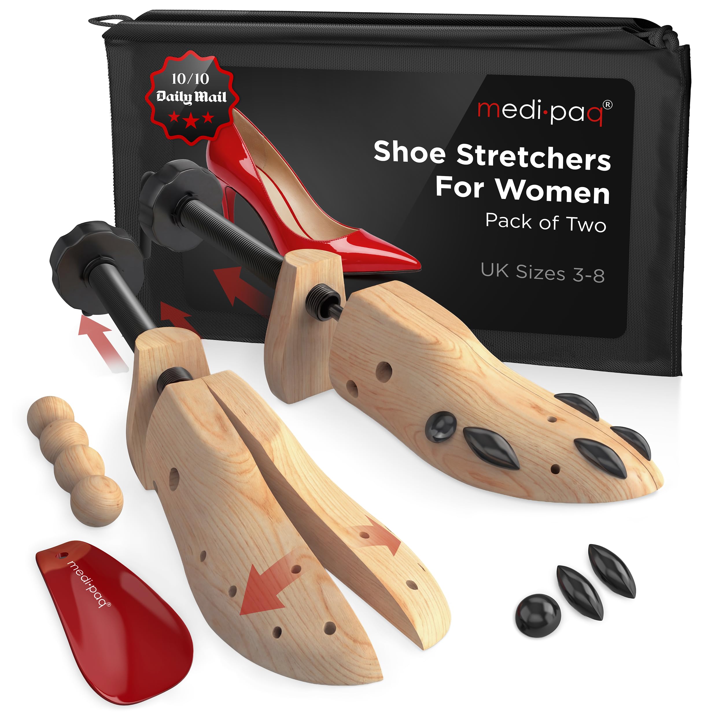 Medipaq Adjustable Ladies Pine Shoe Stretchers – 2x Two-Way Stretchers for UK Sizes 3-8 – Includes Cedar Balls & Drawstring Bag – Premium Wooden Shoe Trees for Women