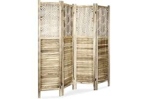 ECOMEX 4 Panel Room Dividers Fully Assembled 5.6Ft Carved Room Dividers and Folding Screens Room Divider Screen Wood Freestanding Partition Wall for Bedroom Office Restaurant, Retro Brown