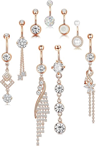 Set Piercing Ombelico YADOCA 9 Pezzi - Anelli Dangly In Acciaio Chirurgico Con CZ E Cuori - Foto 9