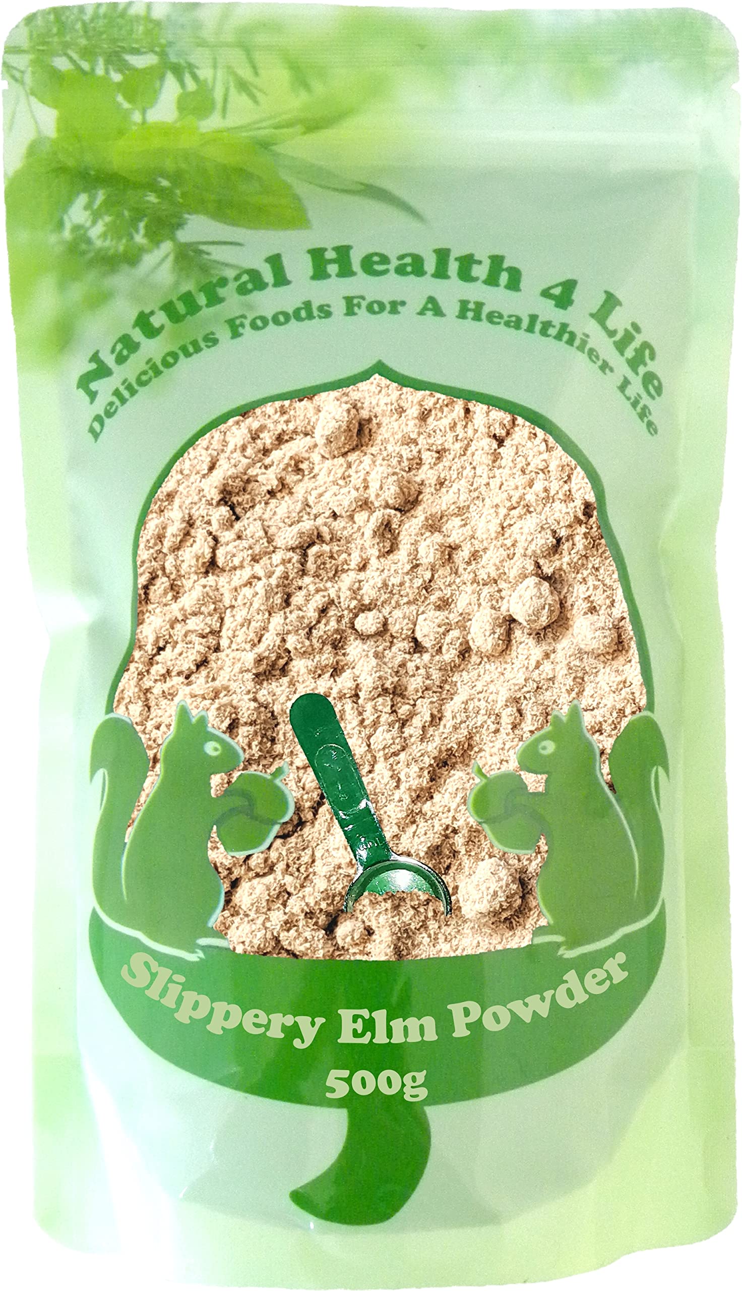 Natural Health 4 Life 100% Pure Inner Bark Slippery Elm Powder - Support Gut Health, Gluten-Free, Vegan, Suitable for All Ages - 500g Slippery Elm Powder Resealable Pouch with Scoop