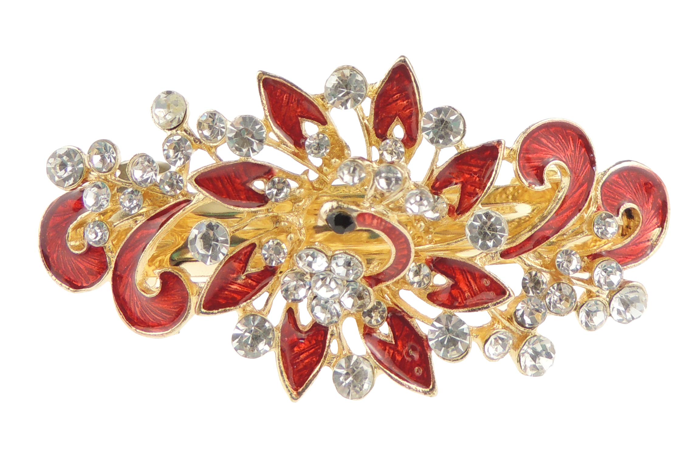 Womens Girls Crystal Rhinestone Diamante Wedding Birthday Party Evening Ponytail Fine Medium Hair Accessories Occasion Barrette Hairpin Grip French Spring Clip Metal Enamel Peacock Waves (Pointy Red)
