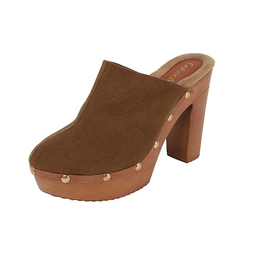 brown leather heeled mules