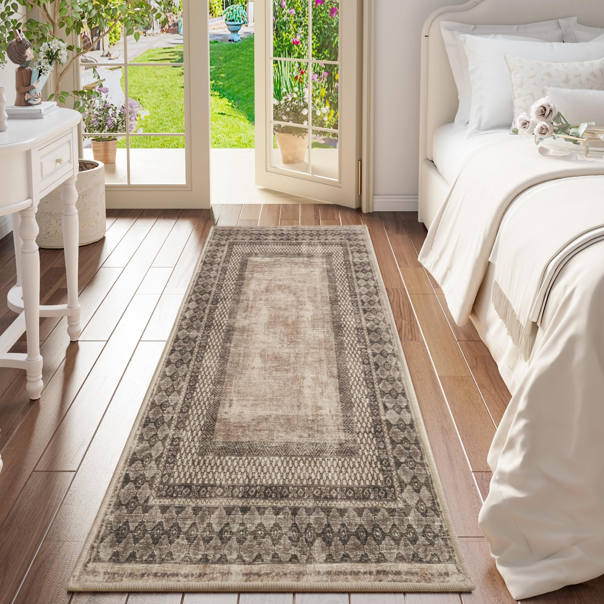 Photo 1 of NICETOWN 2'x 6' Hallway Runner Rug, Machine Washable Thin Non-Slip 2x6 Brown Kitchen Runner Rug Soft Foldable Mysterious Tribal Bordered Indoor Mat for Kitchen Bathroom Laundry Room, Brown