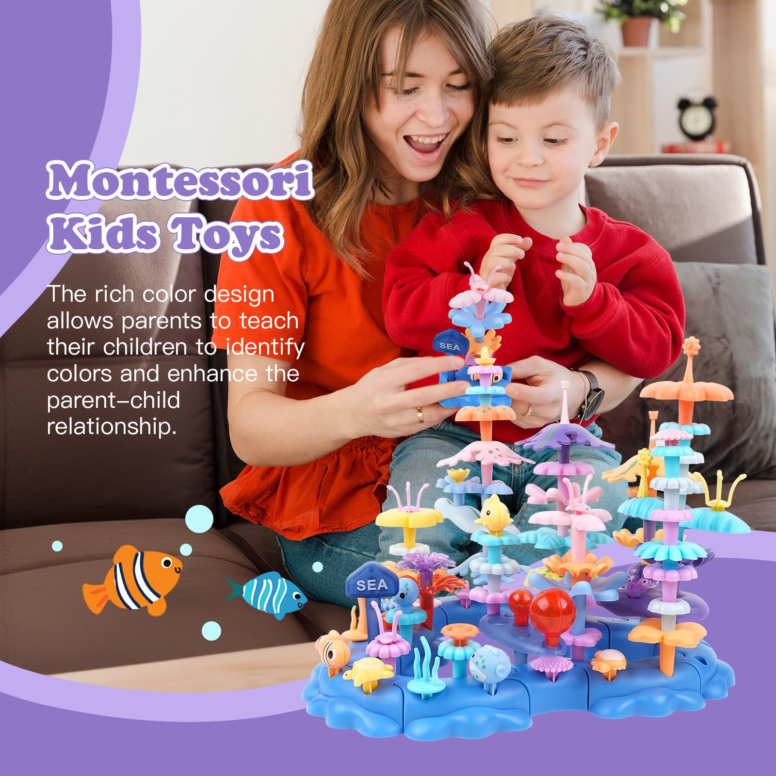 Wulumu 96PCS Ocean Adventures DIY Building Stacking Toys Set,Educational STEM Toy Gift for Kids with Organiser Box,Fun Cognitive Learning Toys for Girls/Boys,Toddler Beach Toy
