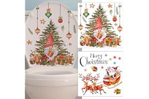 BASEMMAHER 2 Sheets Christmas Toilet Lid Stickers Decals, Christmas Tree Santa Claus Elk Bathroom Toilet Seat Wall Self-Adhesive Stickers for Xmas Home Window Clings Decorations