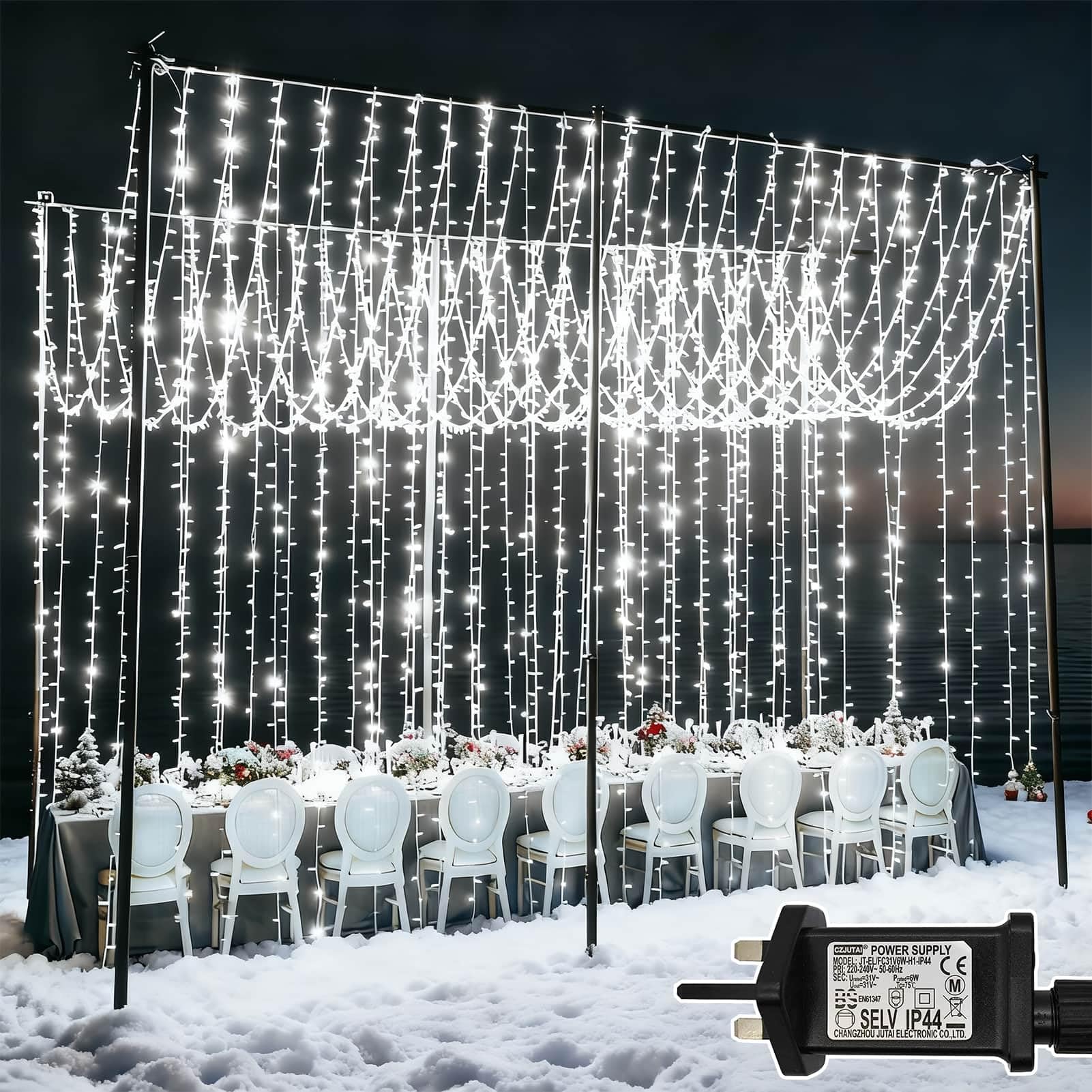 Joycome Curtain Lights Outdoor, 6mx3m 600 LED Curtain Fairy Lights Plug in, 8 Modes/Timer/Connectable Waterfall Fairy Light, Waterproof String Light for Garden Gazebo Wall Ceiling Wedding (White) — image 1