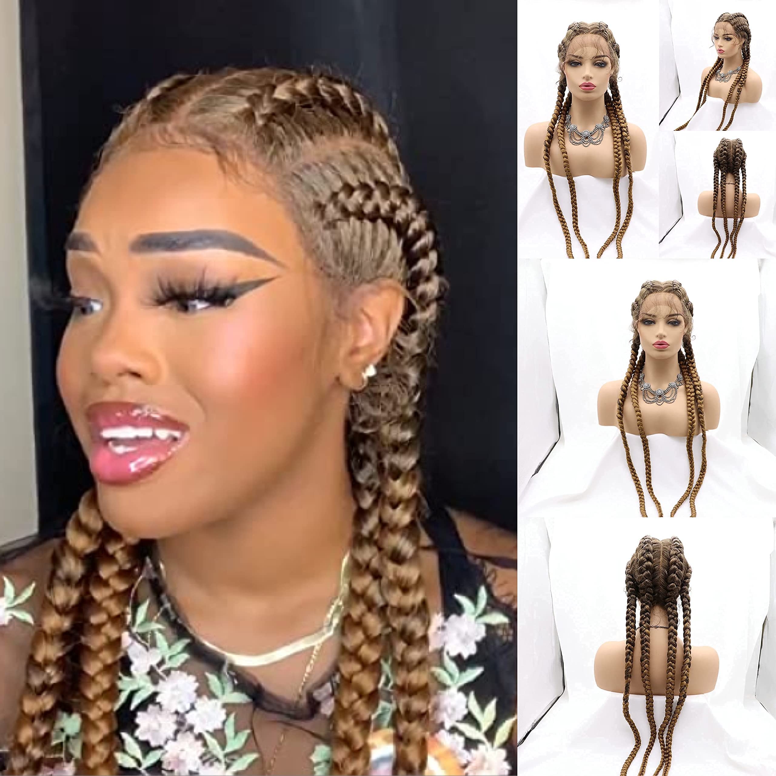 RainaHair 32inch Brown Mixed Blonde Synthetic 4x Braided Wigs with Baby Hair Drag Queen Natural Brown 2 Double Braided Wig โ image 1