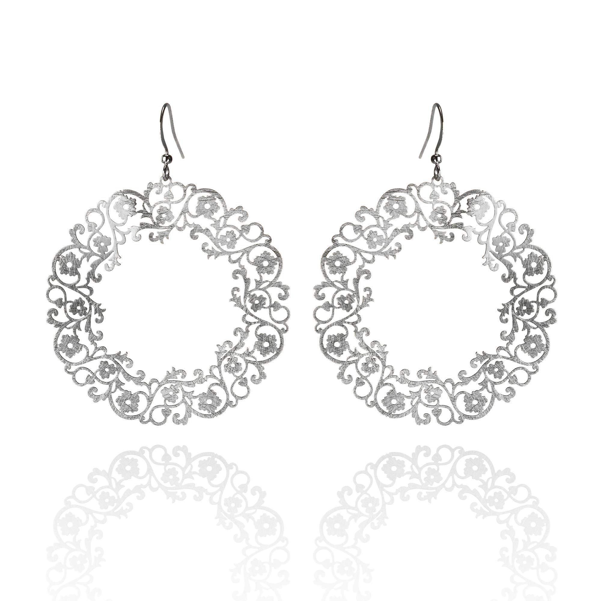 Namana Large Flower Earrings for Women and Teen Girls, Brushed Finish Detailed Round Floral Earrings, Big Silver Statement Earrings for Women and Teenage Girls, Silver Dangle Earrings for ladies